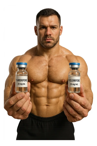 bodybuilder tiene una fiala medica con la scritta "TAMOXIF€NE" NELLA MANO DESTRA E UNA FIALA CON LA SCRITTA €NCL*MIFENE" NELLA MANO SINISTRA sticker