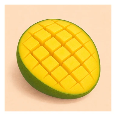 cross-section of a mango with grid-patterned cuts on the yellow flesh, green and yellow skin, simple background sticker