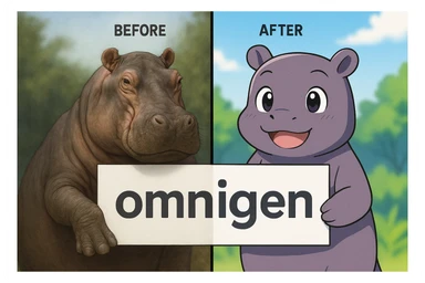 two hippo holding sign of omnigen, half picture 1 hippo is realistic another half is the anime of that same second hippo, with before after mark sticker