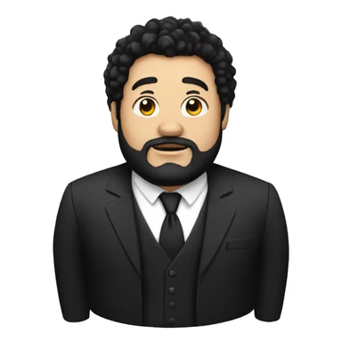 Short man with lots of black hair and beard, bit fat , dressed in black blazer sticker