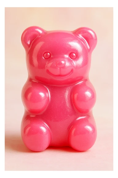 a pink gummy bear, shiny and plump, with a gentle smile sticker