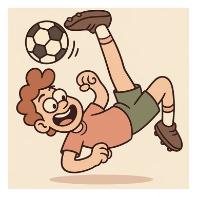 a cartoon character doing a bicycle kick, kicking a ball overhead, playful and energetic sticker