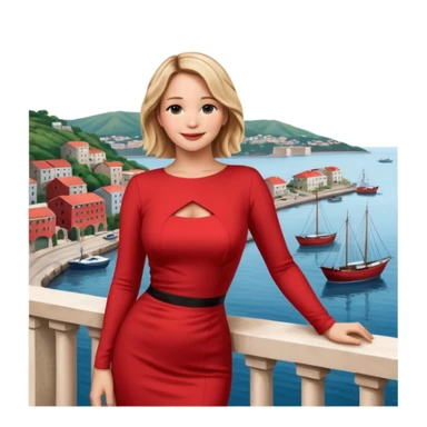 jennifer lawrence, red dress leaning on a balcony with a harbor and cityscape in the background, smiling sticker