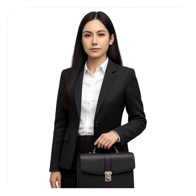 a girl with long black hair, neutral expression, wearing business style clothes including shirt and jacket, with a business bag as an accessory, professional and clean style sticker