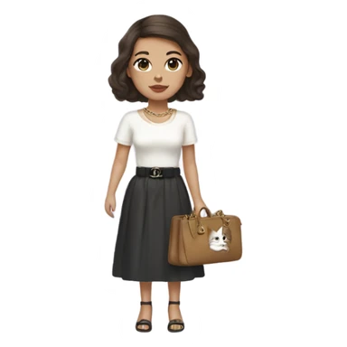 Brunette aisan girl with a blowout hairstyle, has pale skin, with birkin bag Chanel necklace carrying a cat sticker