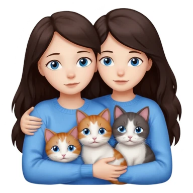 a girl with long dark 
brown hair, with blue eyes, in a
white sweater, hugs 3 different natural coloured cats sticker