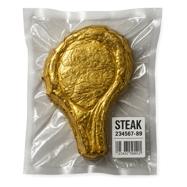 steak covered in edible gold, shiny and inflated, vacuum-sealed style sticker