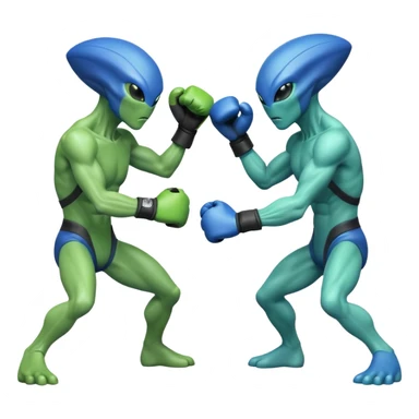 two aliens boxing in a fight stance, facing each other with raised gloves, dynamic action pose, intense expressions, sci-fi arena vibe, 3D cartoon style, mobile game icon style, clean background, no text, no watermark
 sticker