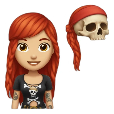 Woman long red hair, undercut, left side of head is shaved, tattoo on left side of head, pirate hat, skull and crossbones t shirt sticker