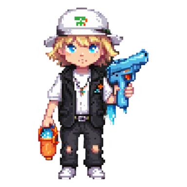 little white kid in gangster outfit, holding a water gun, fun and lighthearted sticker