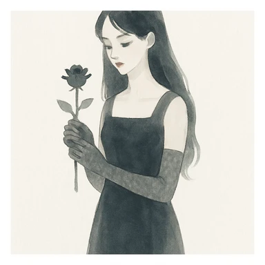 gothic girl, elegant long black dress, lace gloves, holding a black rose, watercolor art style sticker