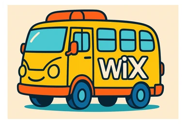 a bus with the Wix logo, playful cartoon style sticker