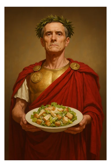 Сгенерируй мне этого цезаря, который стоит с тарелкой а на ней салат цезарь sticker