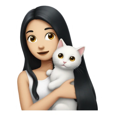 girl with very long black hair and  hugging a white cat sticker