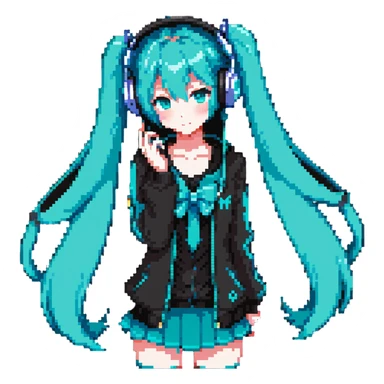 Hatsune Miku with teal twin tails, headphones, and signature outfit sticker