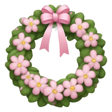 Pink wreath with small white flowers, tiny hearts, and a soft pink ribbon sticker