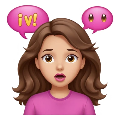 girl with long wavy brown hair, brown eyes, light to medium complexion, in a pink shirt, pink lips, long lashes, surprised, wow speech bubble sticker
