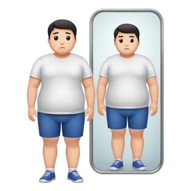 A young Asian guy looks sadly at his overweight body in the full-length mirror. sticker