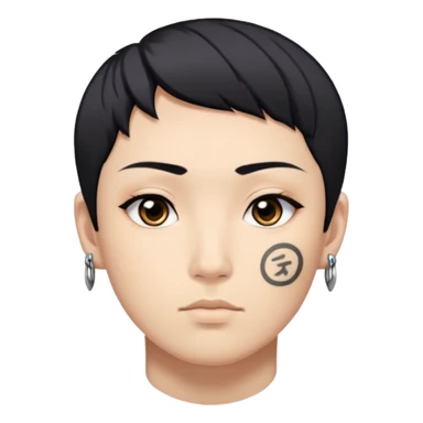 Japanese, with short black hair, black eyes, tattoo of a Roman numeral one on the left cheekbone sticker