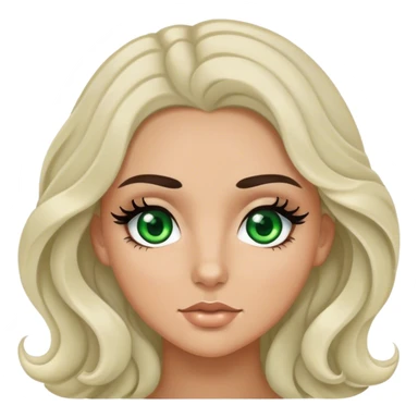 White girl with wavy black hair, green eyes with eyelashes and tan sticker