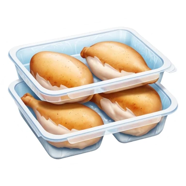 A pack of frozen chicken breasts inside a home freezer, sealed in clear plastic packaging with frost on the surface. The freezer shelves have other frozen items in the background, and cool white light reflects off the ice. Realistic photography, everyday kitchen scene. sticker