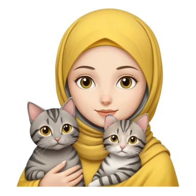 White girl wearing yellow hijab holding a black and grey tabby cat sticker