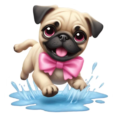 Baby pug with big pink
eyes wearing a pink bow above 1 ear jumping in a puddle  sticker