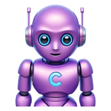 Cute mini robot character, purple body, white C symbol on the chest, soft neon glow, simple face with two bright blue eyes sticker