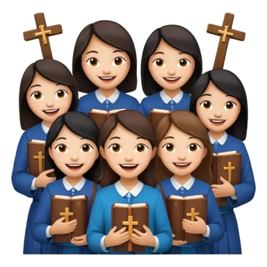 eight asian girls laughing with each other holding bibles and crosses and sticker