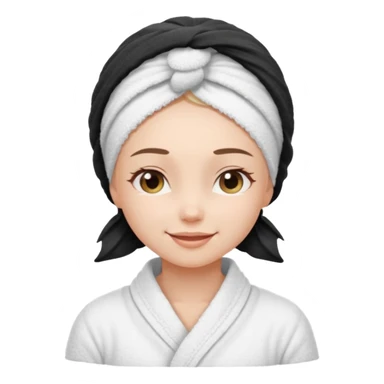 cute girl with her eyes closed and smiling, wearing a spa towel as her clothes in she has a spa towel on her head with no visible hair sticker