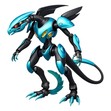 Shiny Dark Futuristic Celestial Glossy-Metallic-Alloy Cyborg-Fakemon-Pokemon-Digimon-Spectrobes-Raptor-fusion, full body, four legs, black body, cyan accents, scales sticker
