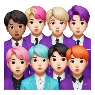 Cinematic Realistic group portrait of BTS featuring all 7 members in stylish modern attire, with detailed facial expressions and vibrant colors, captured in dynamic, contemporary lighting that emphasizes their global pop icon status sticker