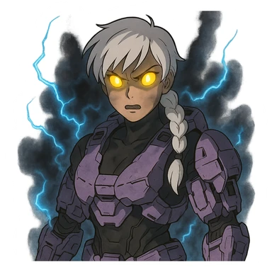 female, wearing reach spartan armor shoulder-unequip, long white braid hair with massive messy front side single bangs, gold yellow eyes, attention pose, D-cup size, HALO:series, no helmet, the armor is lavender color scheme, eyes glowing, demon eye, gleam, rage aura, body steaming dark gray, blue electricity sticker