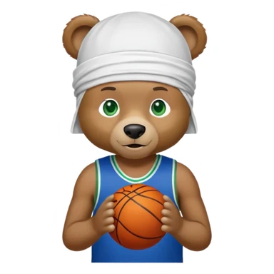 Brown bear with friendly expression and green eyes, white durag on head, blue basketball jersey visible up to shoulders, showing upper body, iOS emoji style sticker