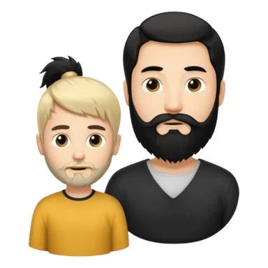 Man with long black hair tied in a tail and beard with a young boy blond short-haired without a beard sticker