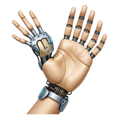 An icon inspired by Da Vinci’s 'The Creation of Adam', featuring a robotic hand reaching out to touch a human hand, symbolizing artificial intelligence. The design includes neural networks, glowing circuits, and a holographic brain. Transparent background sticker