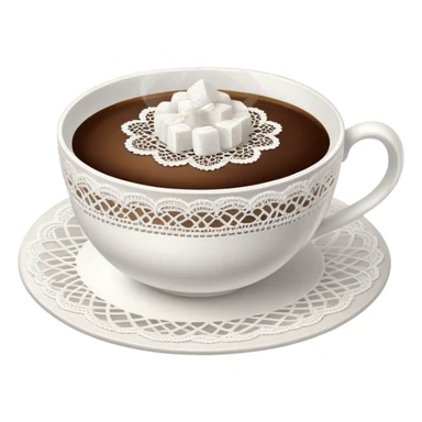 A cup of hot coffee with light steam, in a delicate porcelain cup with lace doily underneath, sugar cubes on the side. sticker
