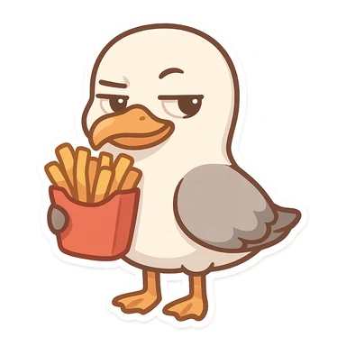 A seagull holding French fries with a smug expression sticker