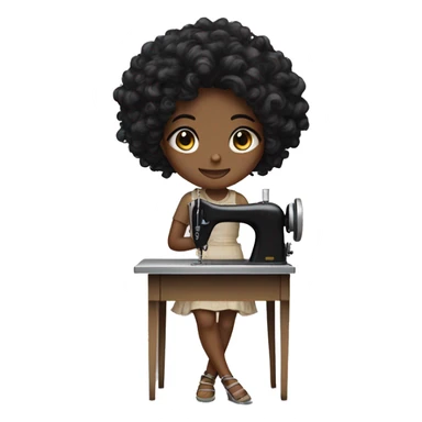 Black girl with curly black hair medium length with sewing machine  sticker