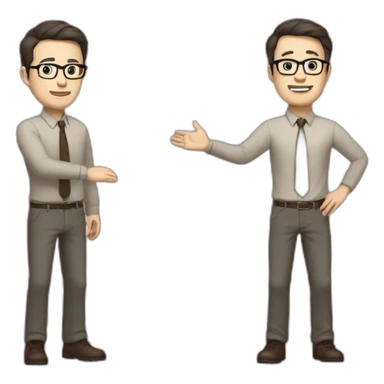 Full height Actively gesturing with hands Pale skinned fit man with dark brown hair in gray jacket, beige office shirt, brown tie, brown pants and vintage glasses. sticker