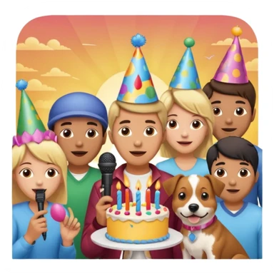 celebration birthday with a dog and watching sunset with many peoples with a birthday cake and mike a wish man peoples at home sticker