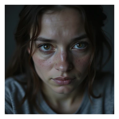 close-up of woman with chronic fatigue, pale skin, deep dark circles, lost and dull gaze, exhausted expression, hyperrealistic style, realistic details, 4K quality, neutral background sticker