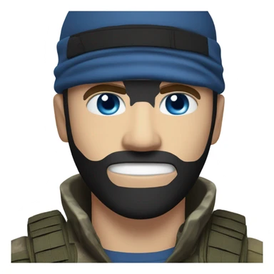 White male, call of duty black mask, camo tactical gear, combat boots, black beanie, blue eyes sticker