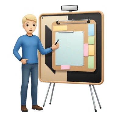 Minimalistic flat vector icon, iOS style, thin black contour on white background. Person silhouette with a project board (kanban/task board) behind. No text, no shadows.
 sticker
