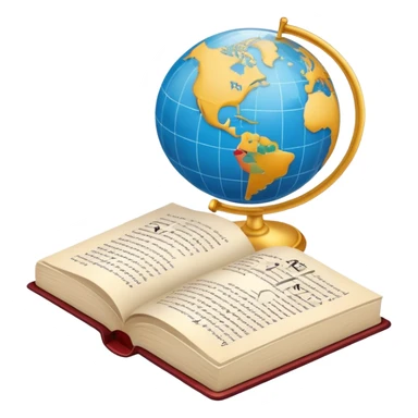 An icon featuring an open book, a speech bubble, and a pen, symbolizing philology and linguistics. The design includes a globe with language characters and grammar symbols, representing the study of languages and literature. Transparent background highlights language analysis. sticker