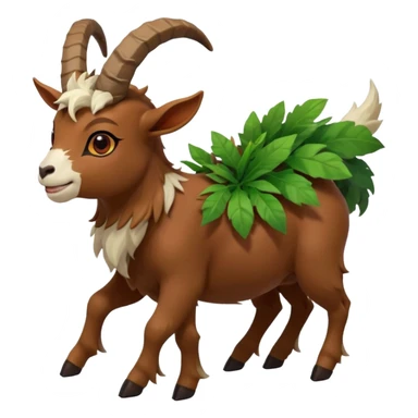 A kid riding on gogoat the quadrupedal, goat-like Pokémon with a brown, furry body and a leafy, green mane that extends down its back. It has large, black, curved horns, white fur on its face, a black nose, and red eyes. Its legs are shorter and lighter in color around the feet, back sticker