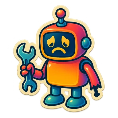 A 3D robot with a broken arm, holding a wrench, with a sad face sticker