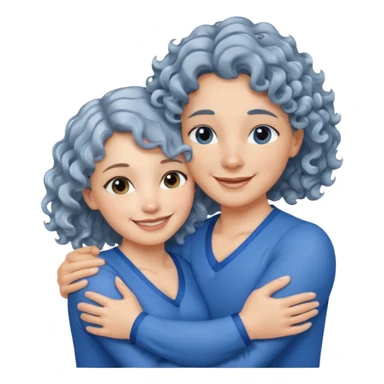 silver, wavy/curly hair chin-length lady giving hug with 2 arms, blue v-neck and smiling sticker