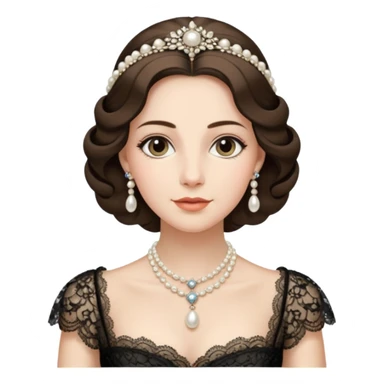 An emoji portrait of an Italian noblewoman. She wears a lavish gown with intricate lace details and a pearl necklace. Her expression is serene and elegant. sticker