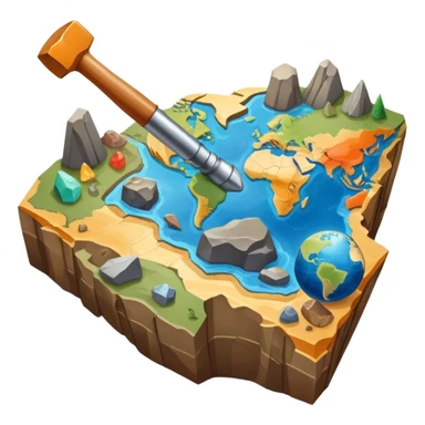 An icon featuring a rock hammer, a geological map, and layers of Earth’s crust, symbolizing geology. The design includes mineral samples, fossils, and tectonic plates, representing the study of Earth’s structure and natural processes. Transparent background highlights geological exploration sticker